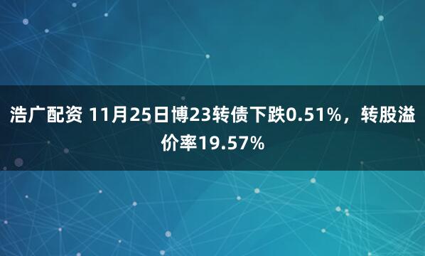 浩广配资 11月25日博23转债下跌0.51%，转股溢价率19.57%